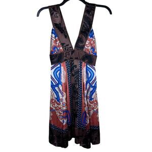 Single Dress Silk Brown Graphic Print‎ Empire Deep V Neck Dress Women's Small